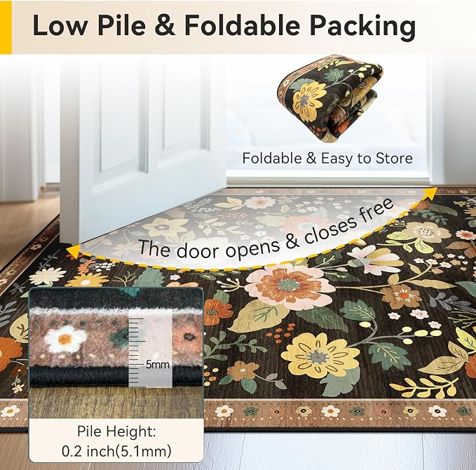 RELEANY Floral Washable 2x3 Area Rugs Doormat Black/Yellow | Flower Carpet - Image 5