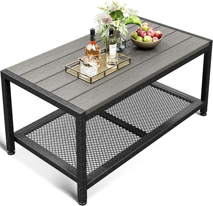 ODK Outdoor Coffee Table with Double-Layer Storage, Rectangle Weather-Resistant by ODK