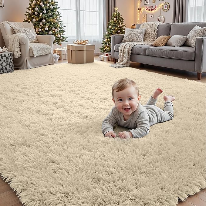 5x8 Fluffy Shag Area Rugs for Living Room Bedroom: Soft Plush Carpet Beige | - Image 9