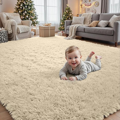 5x8 Fluffy Shag Area Rugs for Living Room Bedroom: Soft Plush Carpet Beige | - Image 9