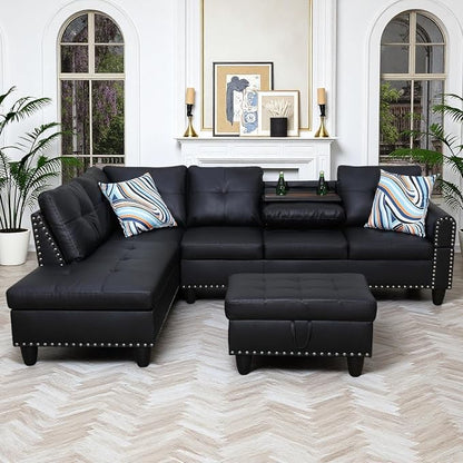 97.5" Leather L Shaped Couch Set Black, Modular Sectional Couches by Topcomfy