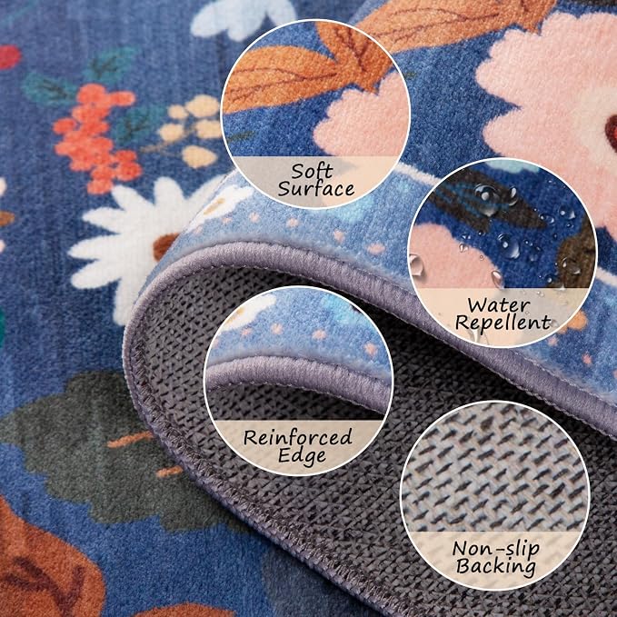 Floral Washable 2x10 Area Rugs Runner Entryway Hallway Blue/Grey | Flower - Image 3
