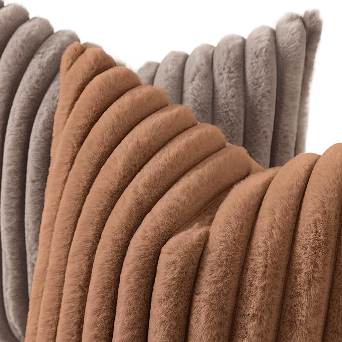 decorUhome Fall Faux Fur Throw Pillow Covers 20x20 Set of 2 Brown | Decorative - Image 2