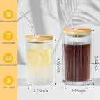 13 oz Drinking Glasses Set of 4 with Bamboo Lids Straws Hobnail Boho Glassware Set Vintage Glass Cups Embossed Iced Coffee Cup for Beer Cocktail Beverage(Hobnail)