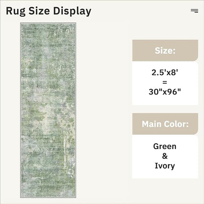 Soalmost Runner Rug 2'6"x8' Kitchen Hallway Runners Abstract Green/Ivory | - Image 5