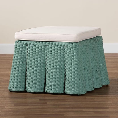 Bali & pari Palm Bohemian Seafoam Green Scallop Rattan Ottoman - Image 7