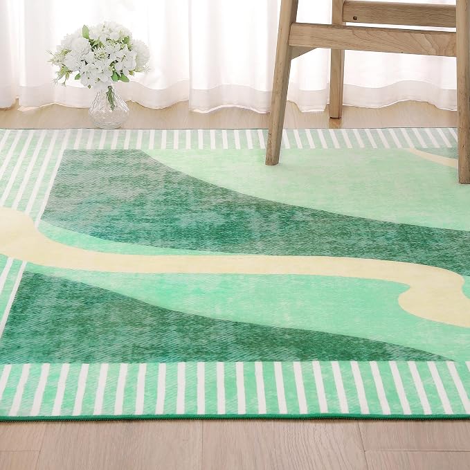 Ompaa Living Room Rug 5x8 Green Area Rug Machine Washable Rug Non Slip Indoor - Image 2