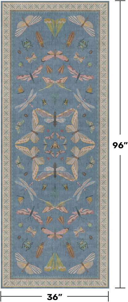 Vintage Blue Insect Hallway Runner Rug 3x8 Long, Non Slip Washable Carpet - Image 2