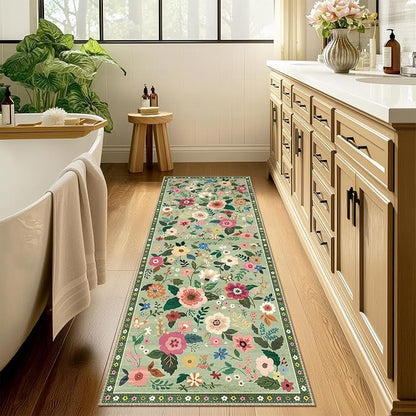 Floral Washable 2x8 Area Rugs Runner Entryway Hallway LightGreen | Flower - Image 8