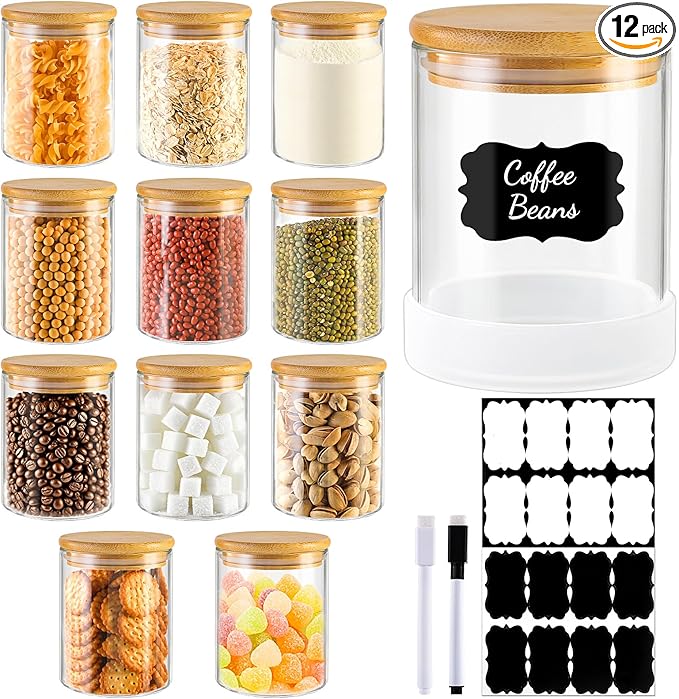 17oz Round Glass Storage Containers with Bamboo Lids – 12 Pack Small Airtight Clear Spice Jars for Pantry Organization, Kitchen Dry Food, Flour, Spice, Coffee Beans, Staples & Snacks