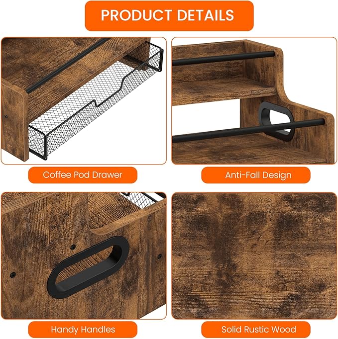 Homode Coffee Syrup Organizer Rack, 3-Tier 8 Bottles Syrup Stand with 35 K Cup Storage Drawer for Coffee Station Bar Accessories, Countertop Wood Liquor Bottle Holder for Wine, Rustic Brown