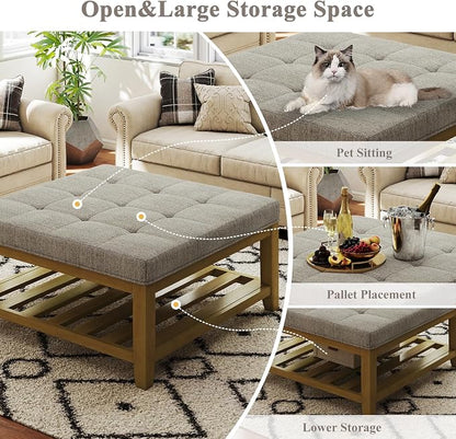 Befurtori Large Square Ottoman Coffee Table, Linen Solid Upholstered Footrest - Image 5