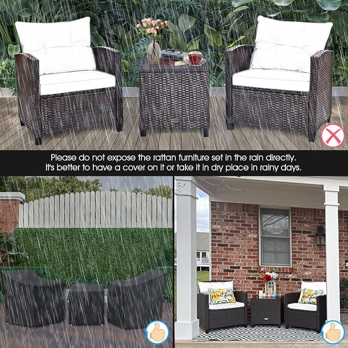 HAPPYGRILL 3 Pieces Patio Conversation Set, Outdoor Furniture Set PE Rattan - Image 7