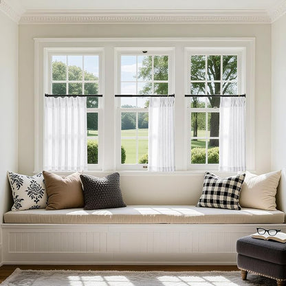 Pleated White Linen Semi Sheer Cafe 30 Inch Curtains 2 Panels | Light Filtering - Image 7