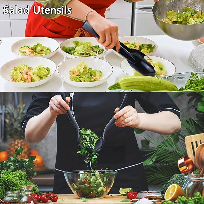 24Pcs Black Plastic Serving Utensils Disposable Serving Spoons Forks Tongs for Party Utensils Supplies for Dinner Parties Buffets Salad Noodles Soup and Weddings (Black)