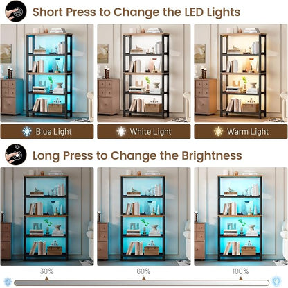 Vlsrka Wooden Bookshelf with Lights, 5 Tier Bookshelf with Storage, Tall - Image 4