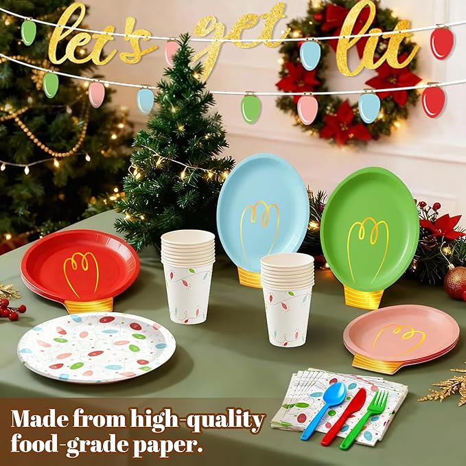 177Pcs Christmas Party Supplies Decorations, Disposable Christmas Light Bulb Paper Plates Napkins Cups Plastic Cutlery Serve 25, Heavy Duty Disposable Dinnerware Set for Holiday Home Xmas Party Decor