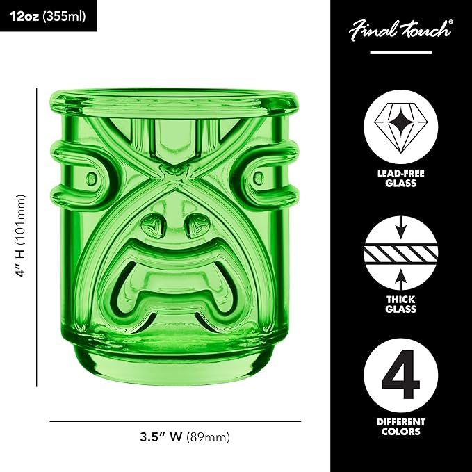 Final Touch Tiki Glasses Set of 4 - Kanaloa, Lono, Kū, Kāne Designs, 12 oz (355 ml), Multicolored, Stackable Totem Pole Storage, Durable Glassware for Tropical Cocktails (TK5302)