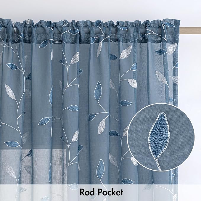 MIULEE Stone Blue Sheer Curtains 2 Panels Leaf Patterned, W52 x L84 | - Image 6