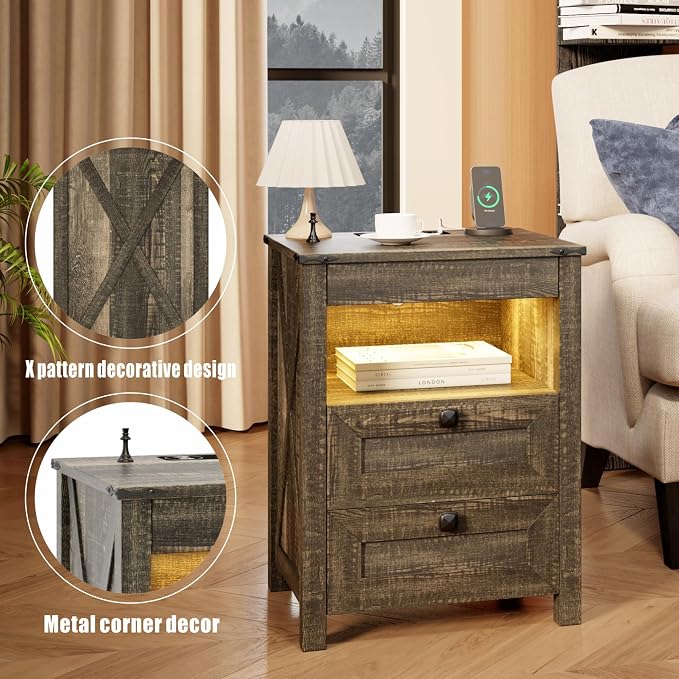 HWB Nightstands Set of 2 with Hidden Drawer, Farmhouse Bedside Table with - Image 7