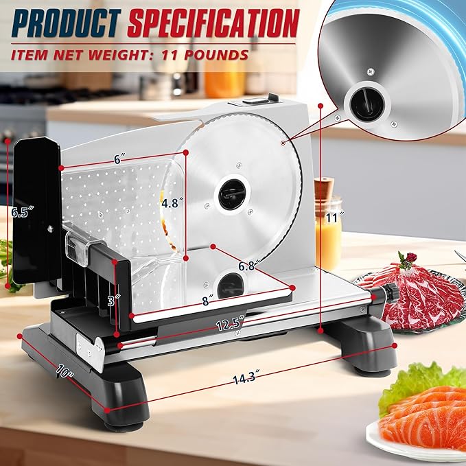 Meat Slicer, 200W Electric Food Deli Slicer with Adjustable Thickness and 2 Removable 7.5 Inch Stainless Steel Blades for Cheese and Bread, Ideal for Home (0-18 mm/0-0.7 Inches)