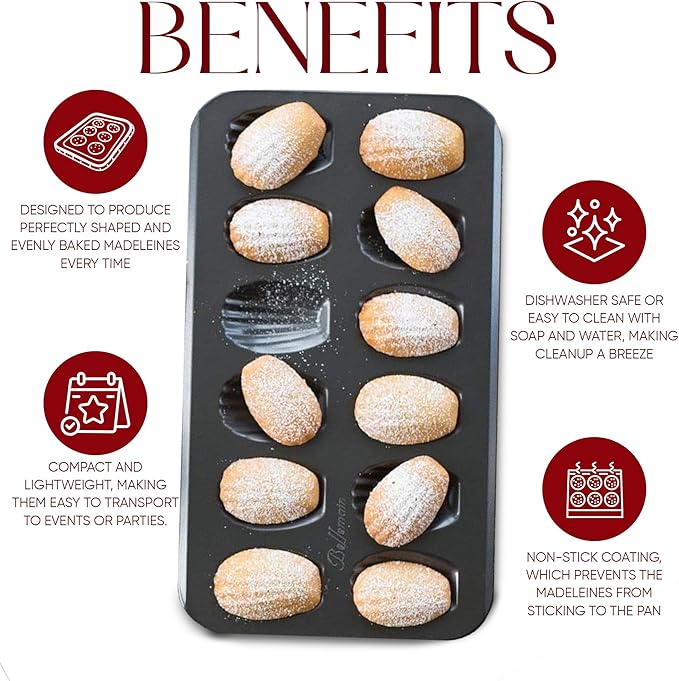 Bellemain Madeleine Pan | 12-Well Madeleine Mold Makes 12 Madeleine Cookies | Nonstick Tea Cake Pan for Madeleines, Cakelet Pan | Warp-Resistant Carbon Steel Madeline Pans (2-Pack)