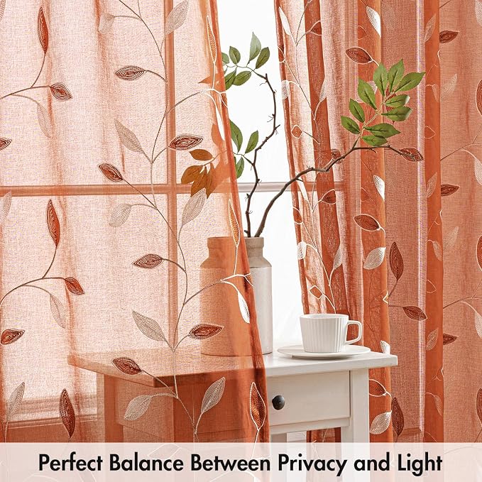 MIULEE Burnt Orange Sheer Fall Curtains 2 Panels Leaf Patterned, W52 x L54 | - Image 5