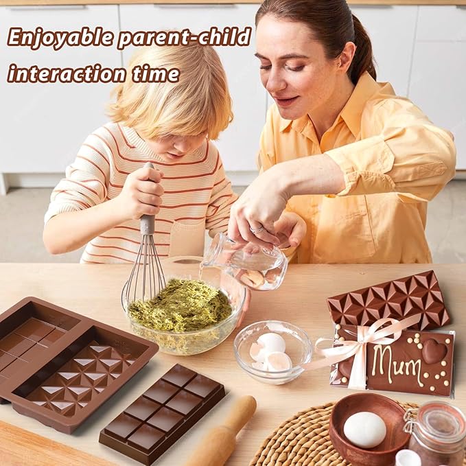 Mity rain Chocolate Bar Mold Deep - 1 inch Deep Thick Non-Stick Silicone Molds for Stuffed Dubai Chocolate Bar Pistachio, Large Food-Grade Candy Bar Mold with 50 bags for Filling & Snacks