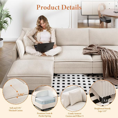 Vesgantti 109" L Shaped Cloud Sectional Couch, Comfy Corduroy Upholstered - Image 3
