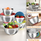 Mixing Bowls with Airtight Lids Set, 4 Stainless Steel Bowls Nesting Bowls & Colander, Kitchen Organizers and Storage Non-Slip Bottom, Size 1.5/2.0/2.5/4.5QT, Great for Mixing & Serving, Multicolor