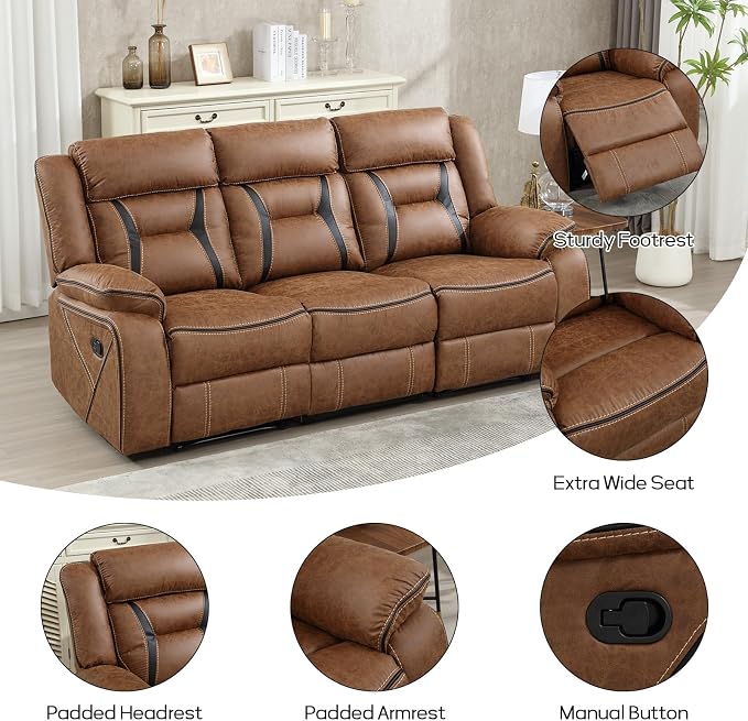 EBELLO Faux Leather Manual Reclining Sofa, 3 Seat Recliner Sofa Chair, Couch - Image 3