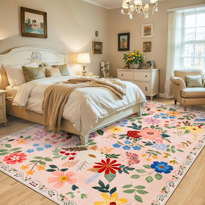 PLHXFR Area Rug 10x12 Living Room: Floral Washable Boho Soft Carpet Beige | - Image 3