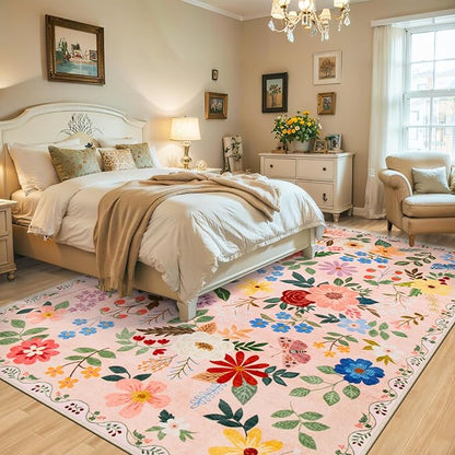 PLHXFR Area Rug 10x14 Living Room: Floral Washable Boho Soft Carpet Beige | - Image 3