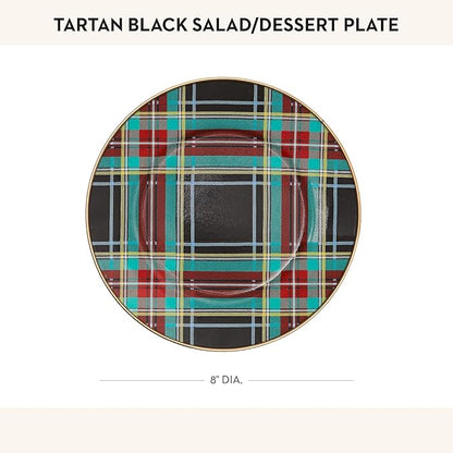 MACKENZIE-CHILDS Enamel Salad and Dessert Plate, Small Plate for a Dessert or Appetizer Dish, 8 Inches, Black Tartan