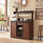 Wnutrees Farmhouse Coffee Bar Cabinet with Charging Station and USB Ports, Sliding Barn Door, 39" Kitchen Hutch Sideboard Buffet Storage Cabinet, Fits Kitchen Dining Living Room, Brown