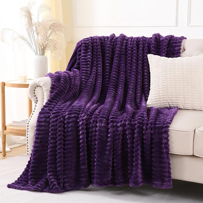 Deep Purple Throw Blanket for Couch Sofa 108"x90" Striped Design | Fleece - Image 4