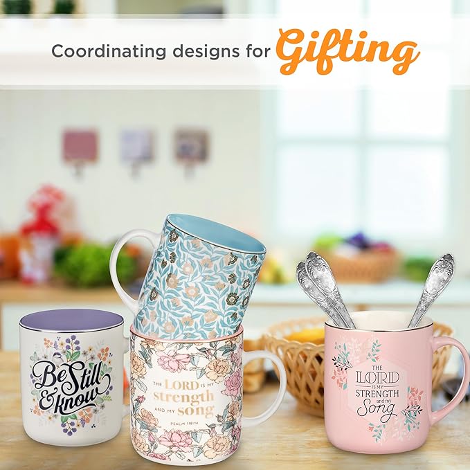 Christian Art Gifts Pink Floral Ceramic Coffee Mug – 14 oz. Lead and Cadmium-free Non-toxic Inspirational Scripture Coffee and Tea Mug for Women with Bible Verse: My Strength and My Song –Psalm 118:14