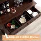 AMERLIFE 72'' Coffee Wine Bar Cabinet with Sliding Barn Door, Farmhouse Kitchen Sideboard, Buffet Storage Table, Wine Glass Racks, 3 Drawers, LED Lights, Tall Hutch Home Bar for Dining Room Brown