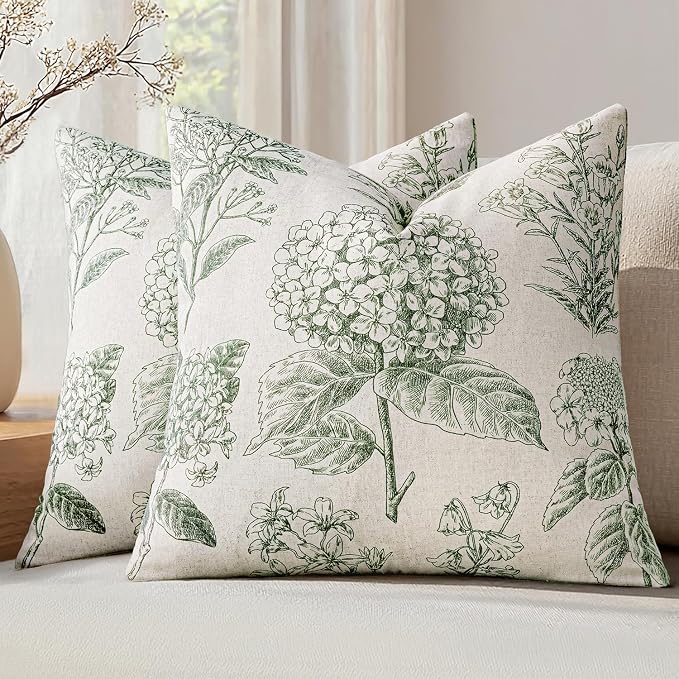Set of 2 Decorative Floral Pillow Covers 18x18 Inch Dark Green | Neutral by SWANCOCO