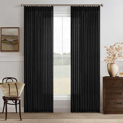 Linen Pleated Light Filtering Black Memory Shaped Curtains 108 Inches Long | by Twodrapes
