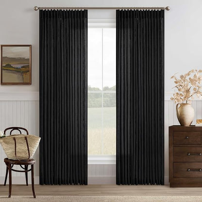 Black Pinch Pleat Linen Blend Semi Sheer Curtains by Twodrapes