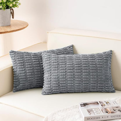 Pack of 2 Corduroy Decorative Throw Pillow Covers 12x20 Inch, Light Grey | Fall by Unknown