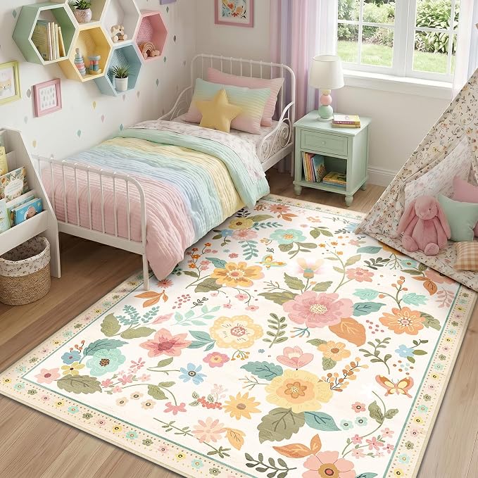 RELEANY Floral Washable 5x7 Area Rugs Beige/White/Orange | Flower Carpet Print - Image 9