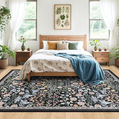 PLHXFR Area Rug Living Room: 5x7 Floral Washable Boho Carpet Dark Black | - Image 3