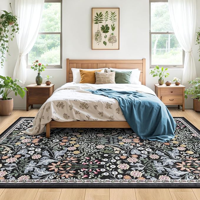 PLHXFR Area Rug 10x12 Living Room: Floral Washable Boho Carpet Dark Black | - Image 3