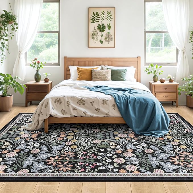 PLHXFR 6x9 Area Rug Living Room: Floral Washable Boho Carpet Dark Black | - Image 3