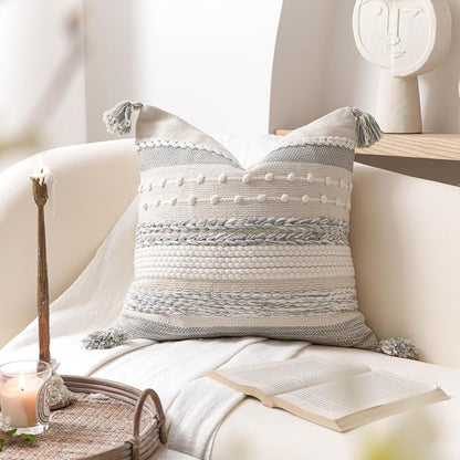 Gray Boho Decorative Throw Pillow Cover 20x20 Square Farmhouse Accent Cushion - Image 5
