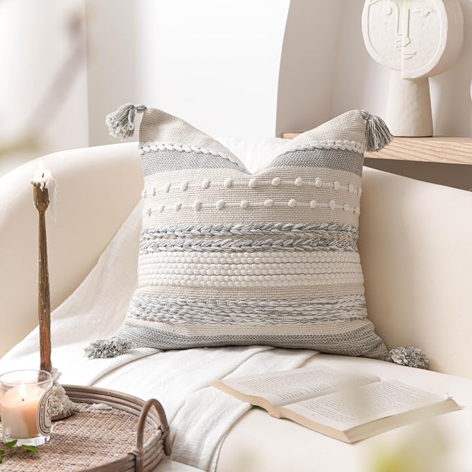 Gray Boho Decorative Throw Pillow Cover 18x18 Square Farmhouse Accent Cushion - Image 6