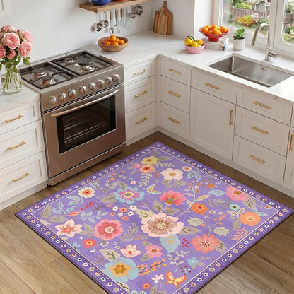 RELEANY Floral Washable Square 4ft Area Rug Purple/Pink | Flower Carpet Print by RELEANY