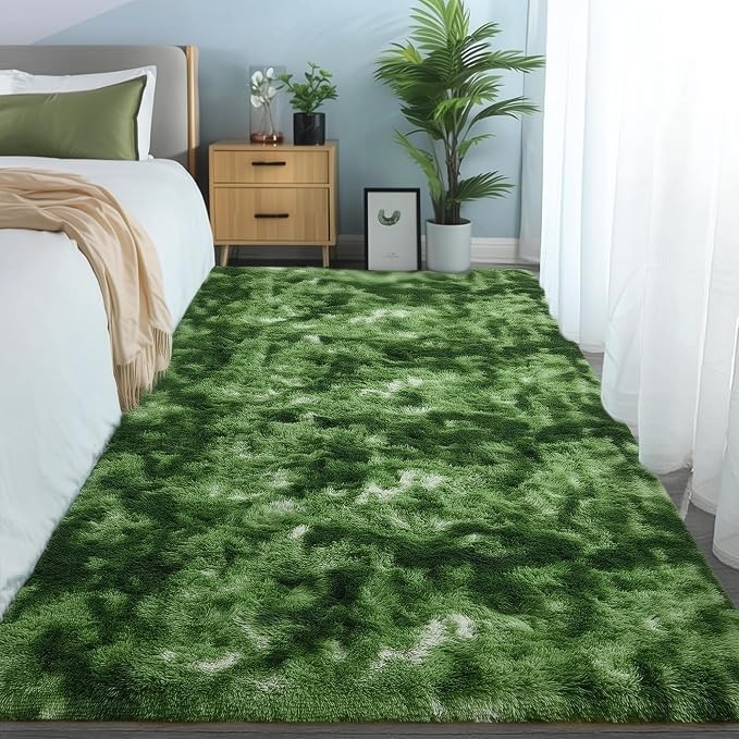 Fluffy Moss Green Area Rugs for Bedroom Living Room 4x6 Ft, Non-Slip Carpet | - Image 4